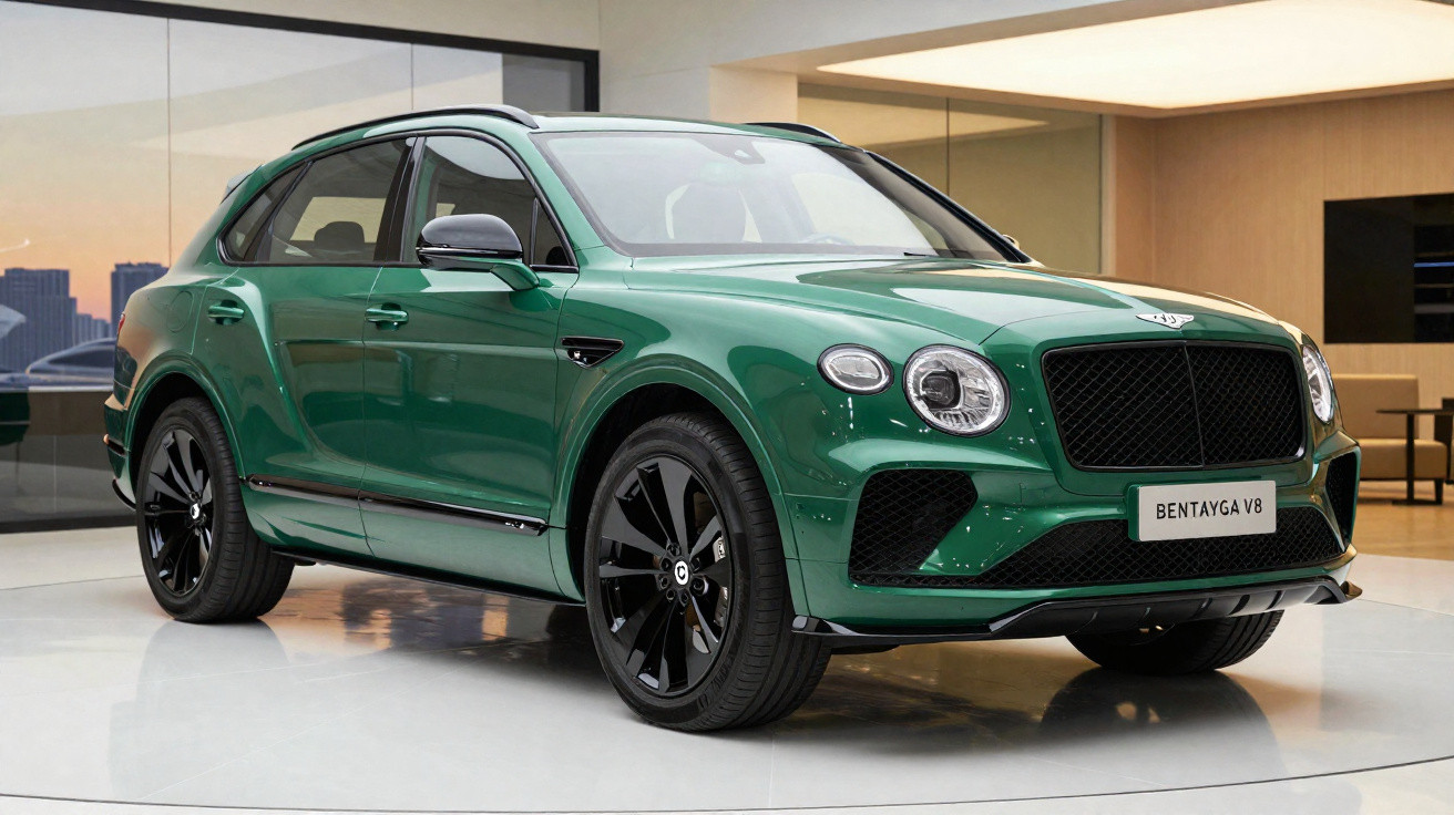 SUV Bentley Bentayga V8 vert métallisé exposé dans un showroom moderne avec jantes noires brillantes.