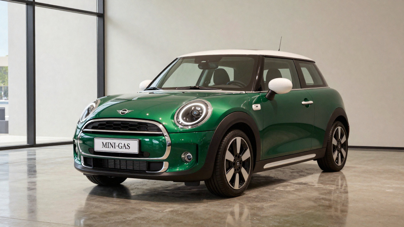 Voiture Mini Cooper verte métallisée à toit blanc exposée dans un showroom moderne et lumineux.