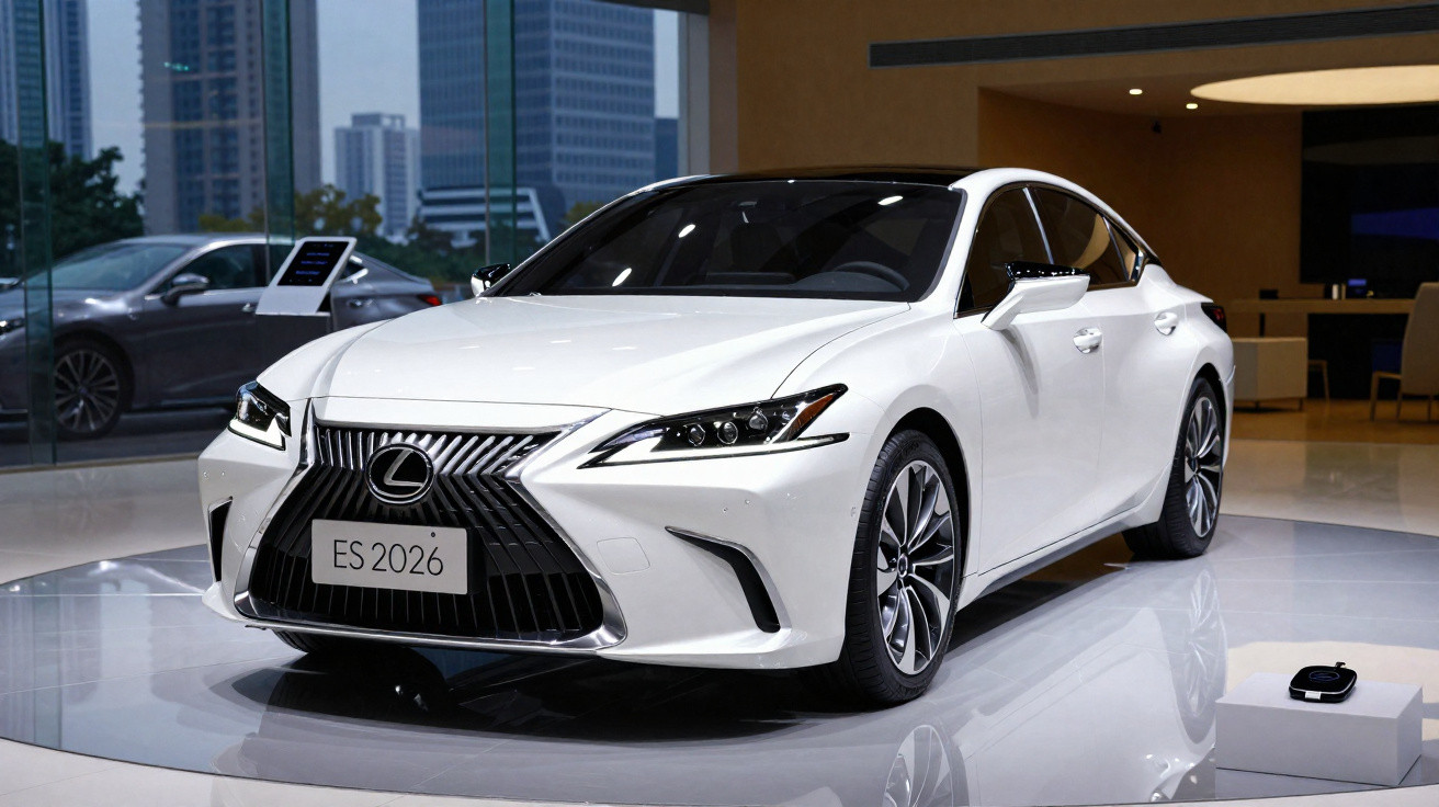 Voiture Lexus ES 2026 blanche exposée en intérieur avec un décor urbain visible à travers les vitres.
