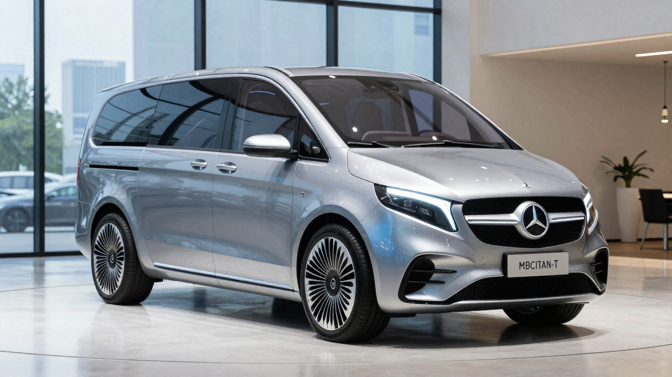 Véhicule monospace Mercedes-Benz MB Citan-T argent exposé dans un showroom moderne lumineux.