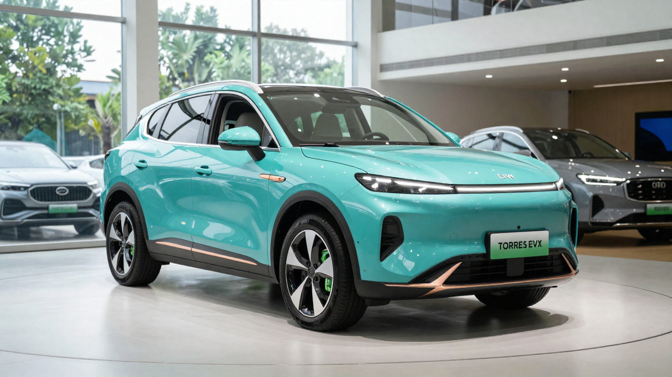 Véhicule électrique turquoise Li Auto Torres EVX exposé en showroom moderne avec autres voitures en arrière-plan.