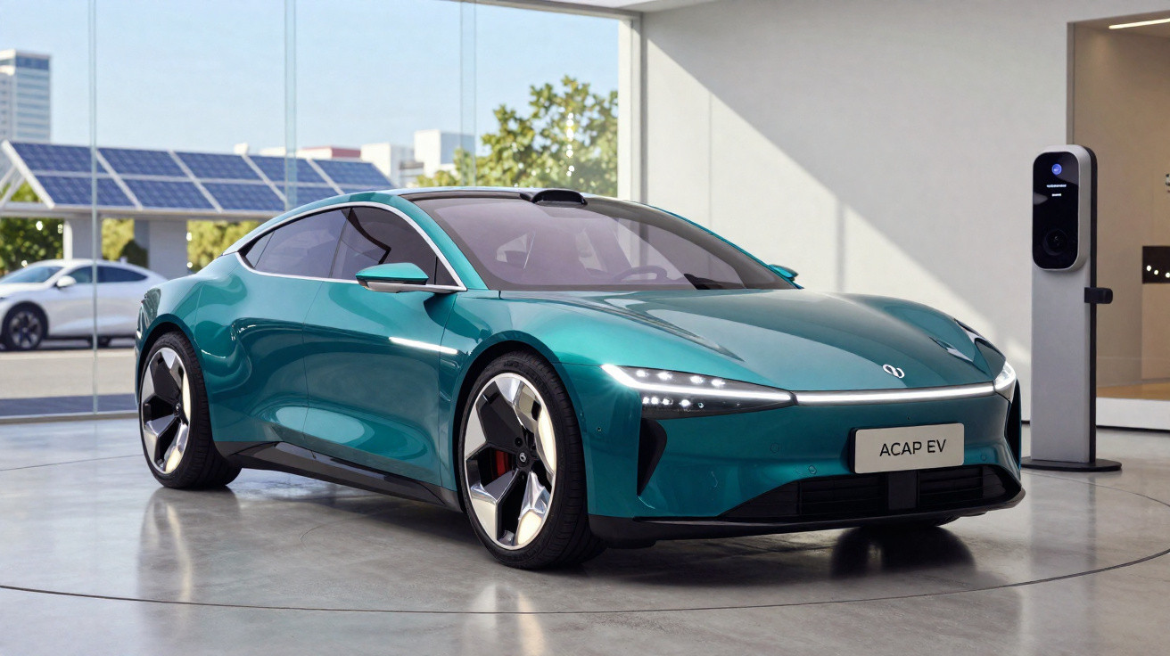 Voiture électrique sportive verte garée dans un showroom moderne avec borne de recharge à côté.