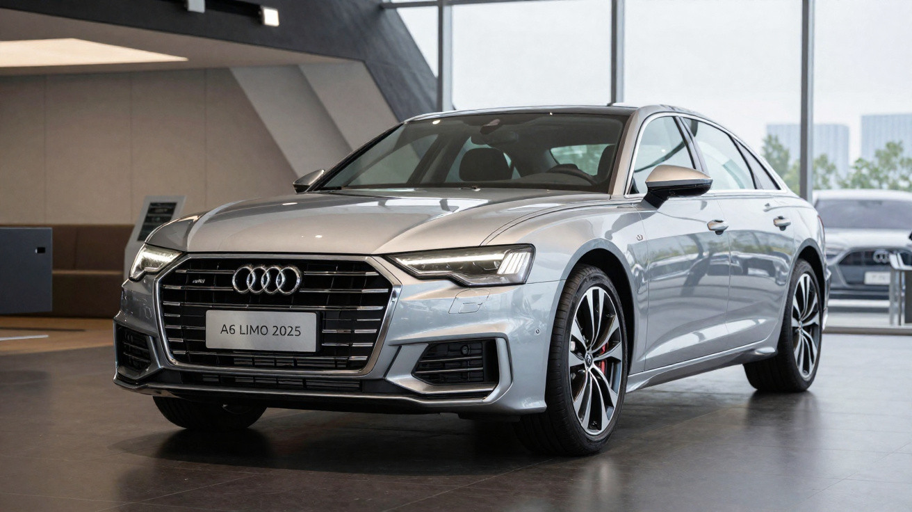 Audi A6 Limo 2025 grise métallisée exposée dans un showroom avec design moderne et élégant.