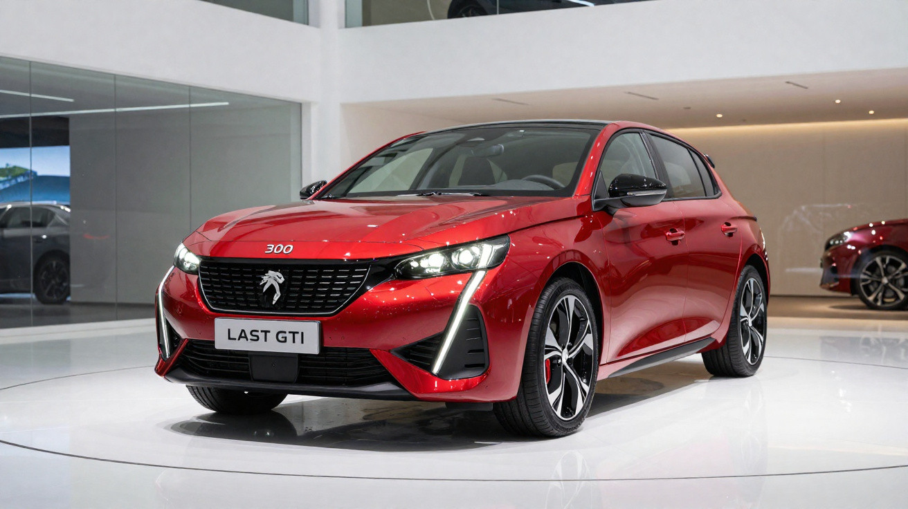 Voiture Peugeot 308 GTI rouge exposée en intérieur avec éclairage moderne et jantes alliage noires et argentées.