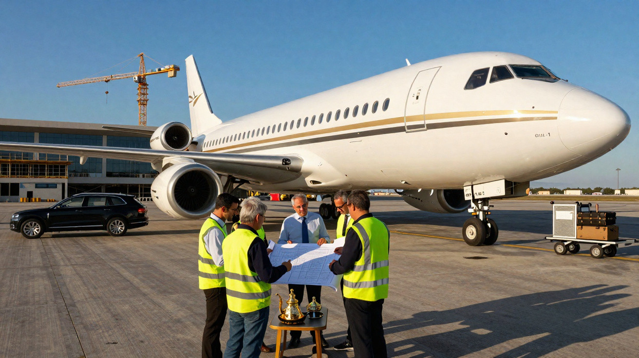 Cinq hommes en gilets jaunes examinent un plan devant un jet privé sur un tarmac d'aéroport par temps clair.