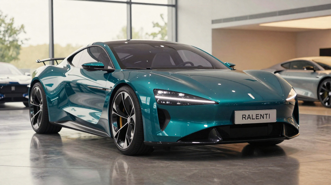 Voiture de sport électrique verte avec phares LED allumés dans un showroom moderne et lumineux.