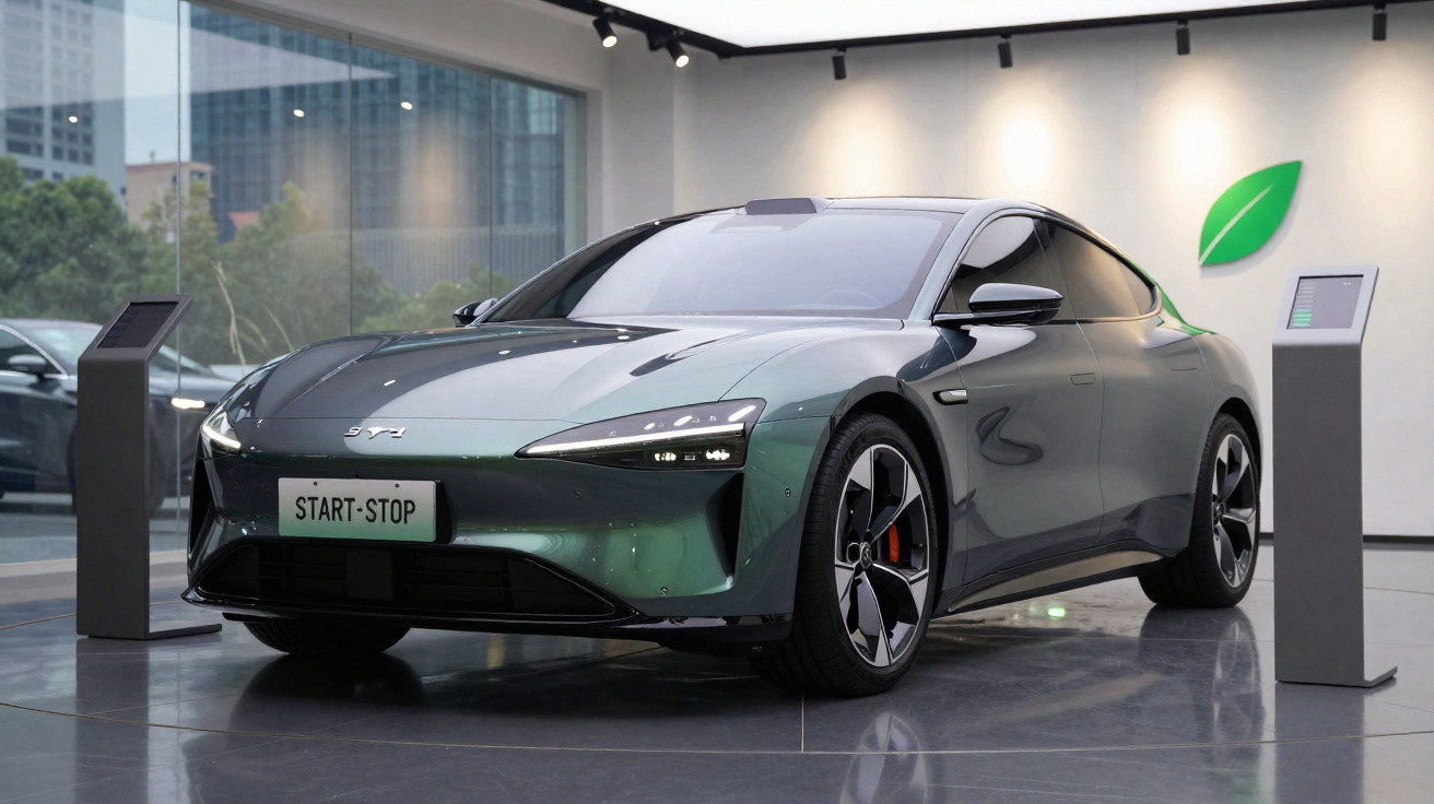 Voiture électrique sportive verte exposée dans un showroom moderne avec panneau "Start-Stop" et symbole feuille verte.