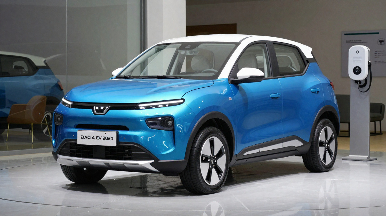 Voiture électrique bleue Dacia EV 2030 avec toit blanc exposée près d'une borne de recharge intérieure.