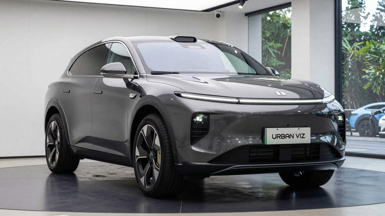 Véhicule électrique gris foncé Urban VIZ exposé en intérieur avec éclairage moderne et grandes fenêtres.