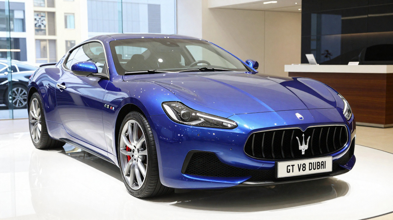Voiture de sport Maserati GT V8 bleue brillante exposée dans un showroom moderne.