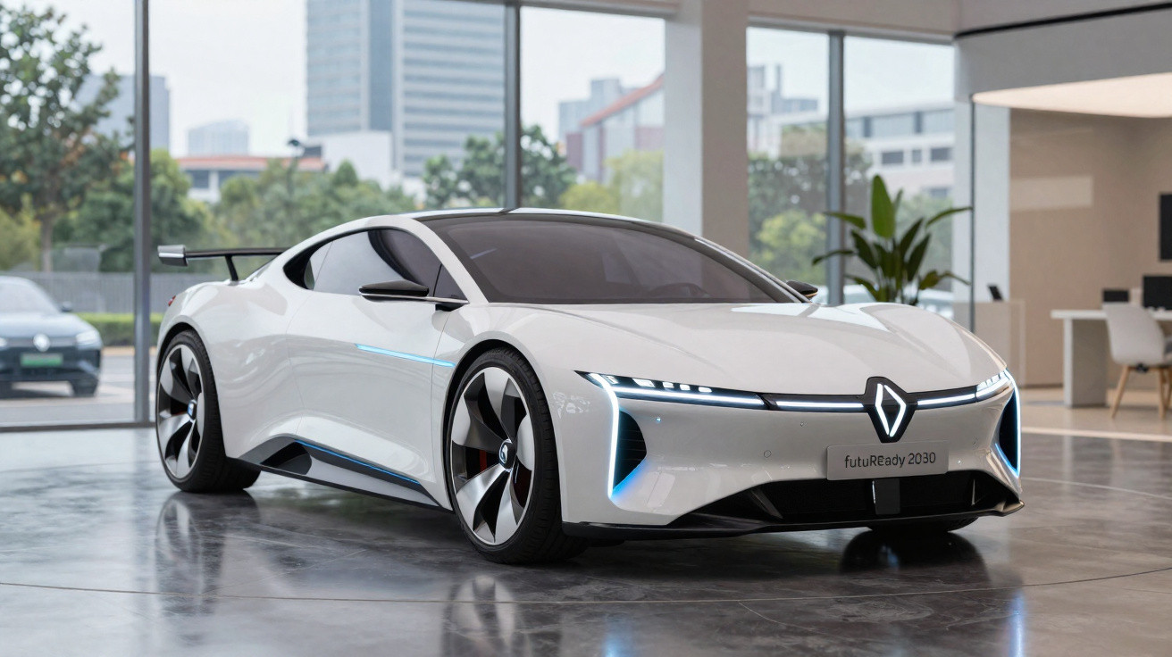 Voiture électrique blanche futuriste Renault exposée dans un showroom moderne et lumineux.