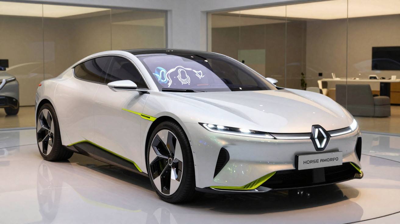 Voiture électrique Renault blanche et design futuriste exposée dans un showroom moderne et lumineux.
