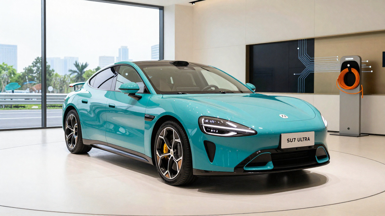 Voiture électrique bleue SU7 Ultra exposée dans un showroom moderne avec borne de recharge murale.