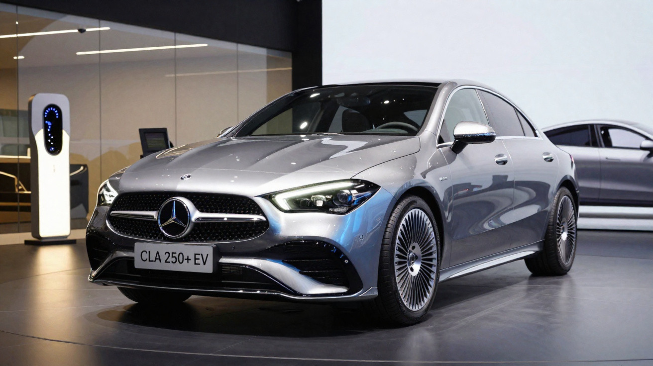 Voiture électrique Mercedes-Benz CLA 250+ EV grise exposée en showroom avec borne de recharge visible.