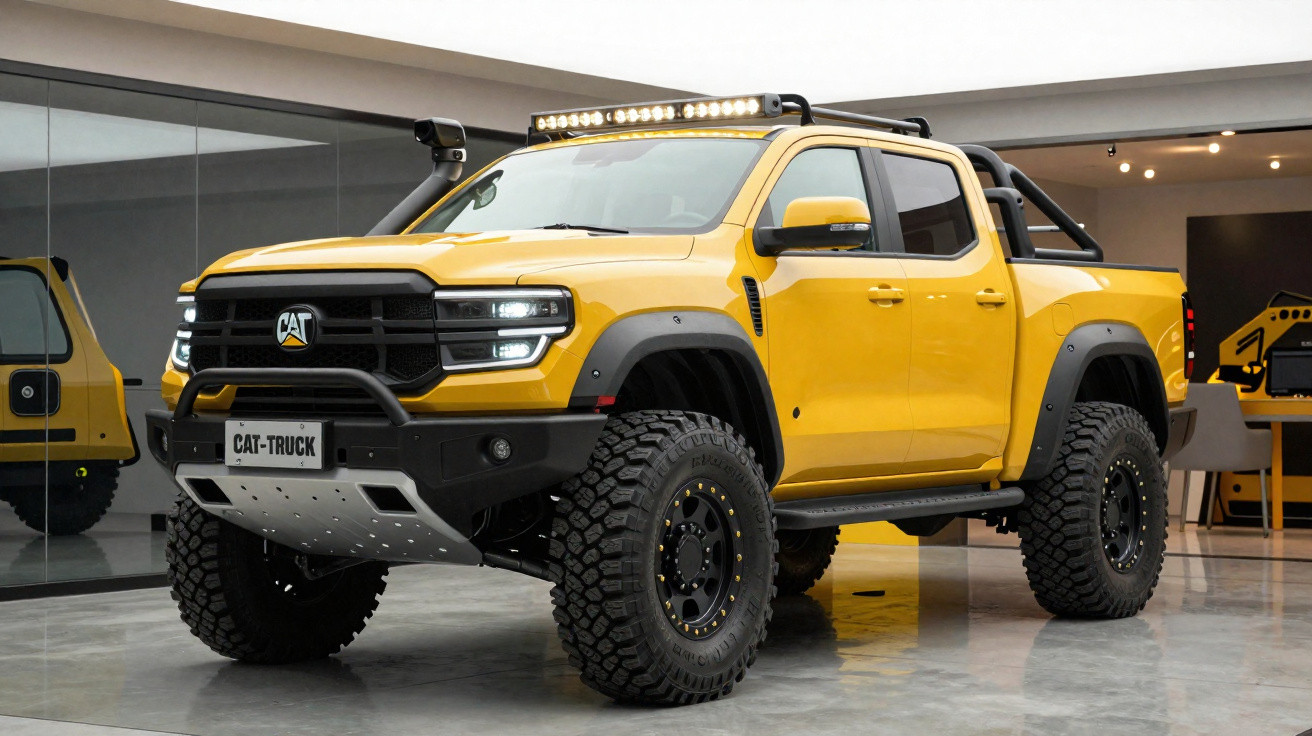 Pick-up jaune robuste CAT avec pneus tout-terrain, barre lumineuse et plaques de protection dans un showroom moderne.