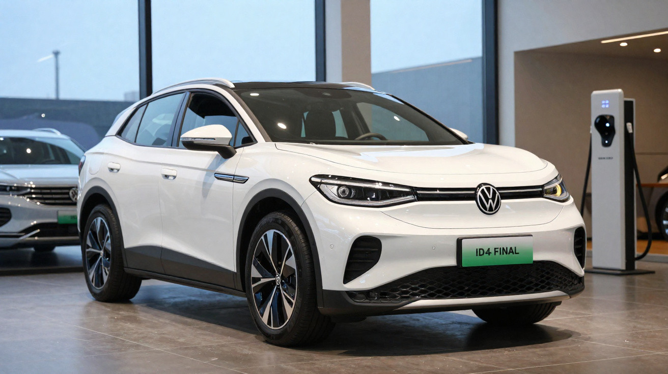 Voiture électrique blanche Volkswagen ID.4 Final exposée en intérieur près d'une borne de recharge.