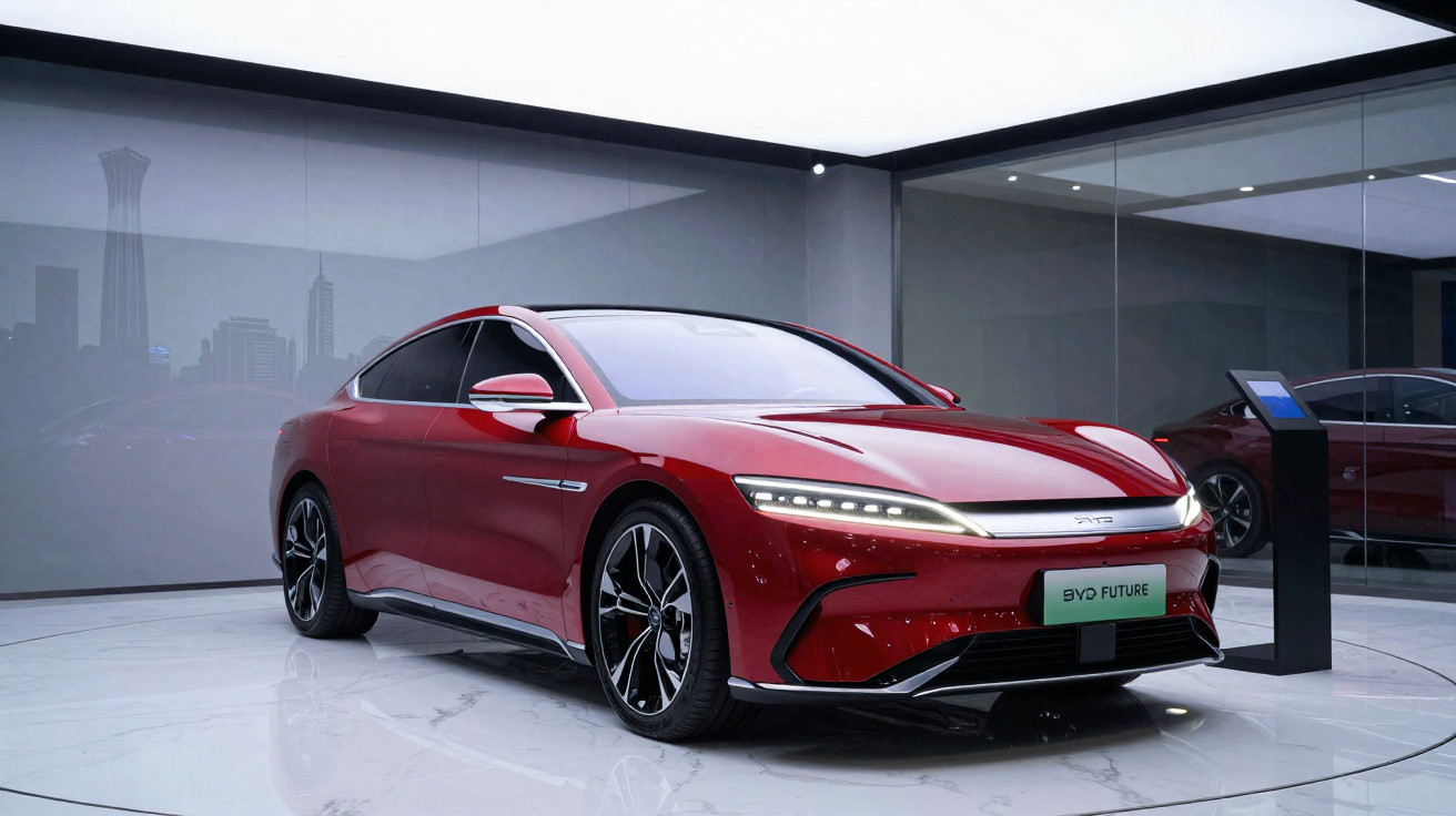 Voiture électrique rouge BYD Future exposée dans une salle moderne avec sol et murs brillants.