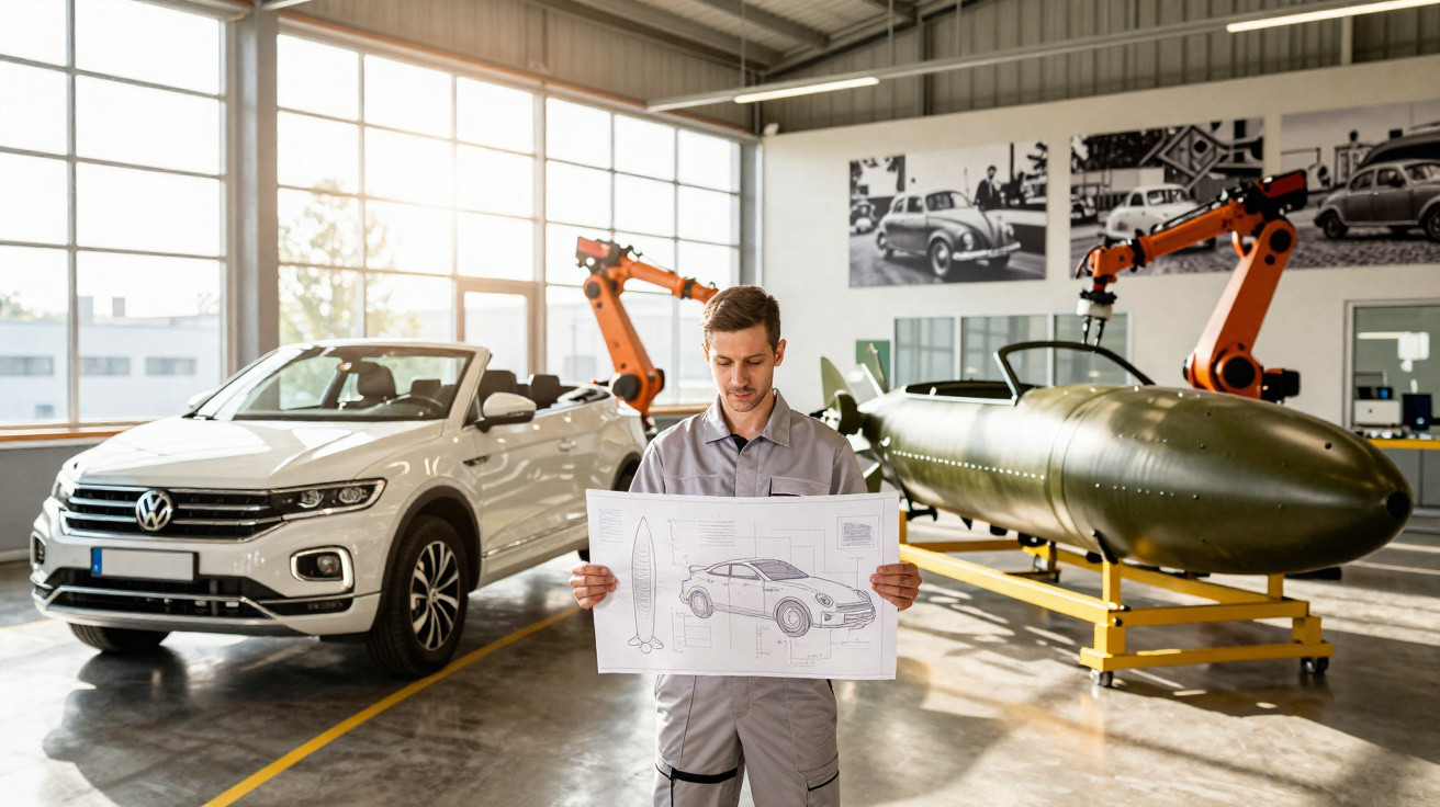 Homme en tenue d'atelier tenant un plan de voiture dans un garage avec une voiture Volkswagen et un objet métallique allongé.