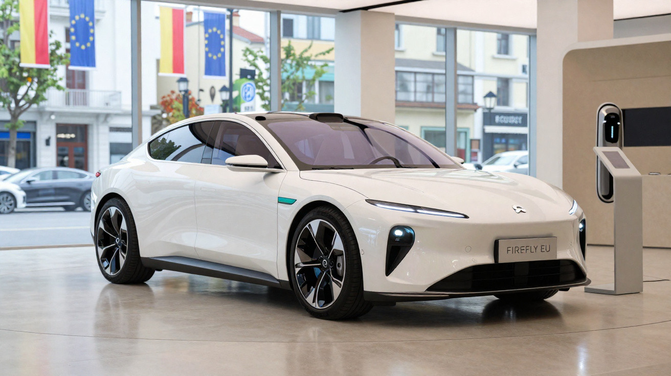 Voiture électrique blanche moderne garée dans un showroom avec borne de recharge à proximité.