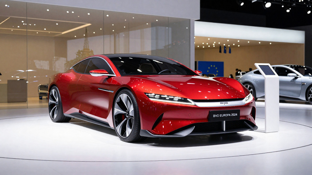 Voiture de sport électrique rouge BYD Europa 2024 exposée dans un showroom moderne et lumineux.