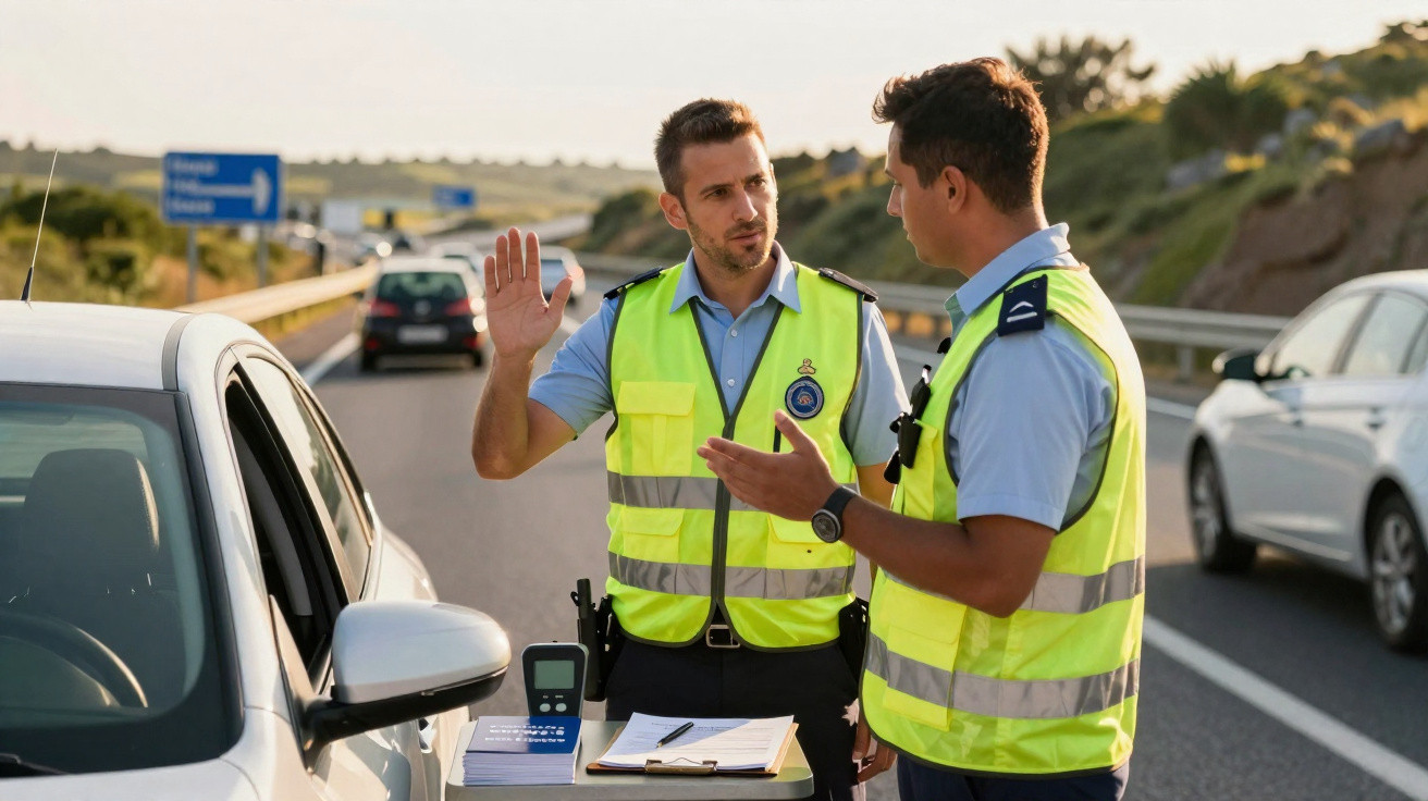 Deux policiers en gilets réfléchissants discutent lors d'un contrôle routier sur une autoroute.