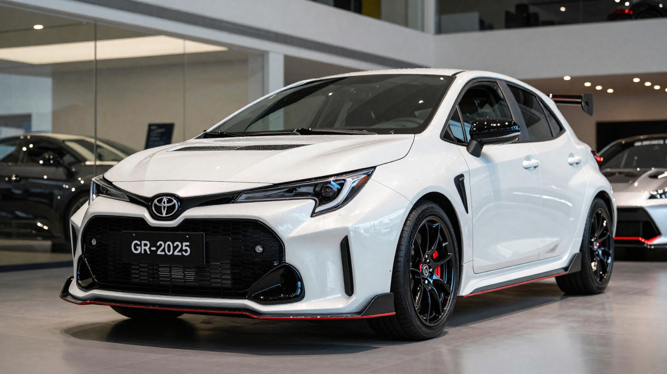 Voiture compacte blanche Toyota GR-2025 sportive avec jantes noires en exposition dans un showroom moderne.